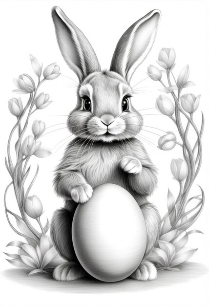 Photo easter bunny with eggs happy easter concept pencil drawing black and white sketch