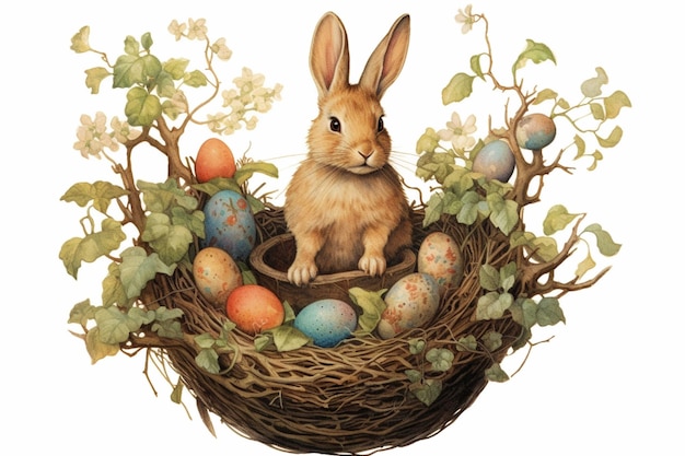Easter bunny with eggs in nest Easter card Digital painting