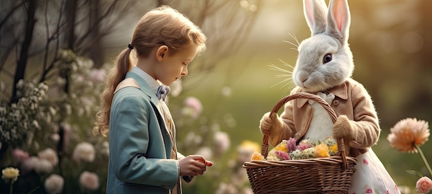 花のバスケットと可愛い子供のイースターウサギの現実的なイラスト イースターバナーまたは背景