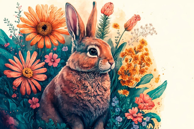 Easter Bunny with flowers decoration for postcards Generative AI