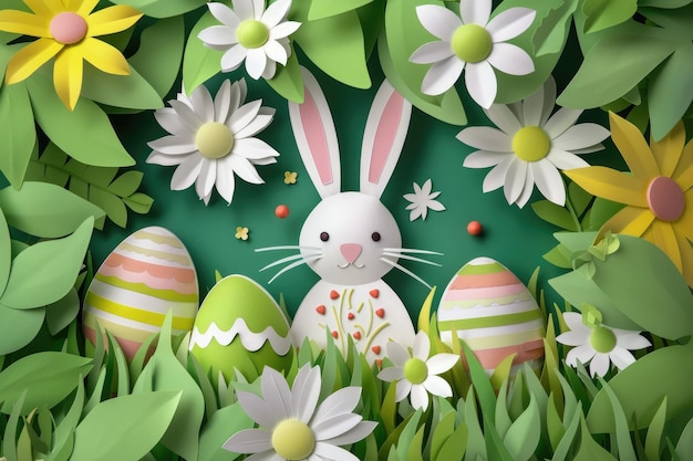 Photo easter bunny with flowers and easter eggs on blue background