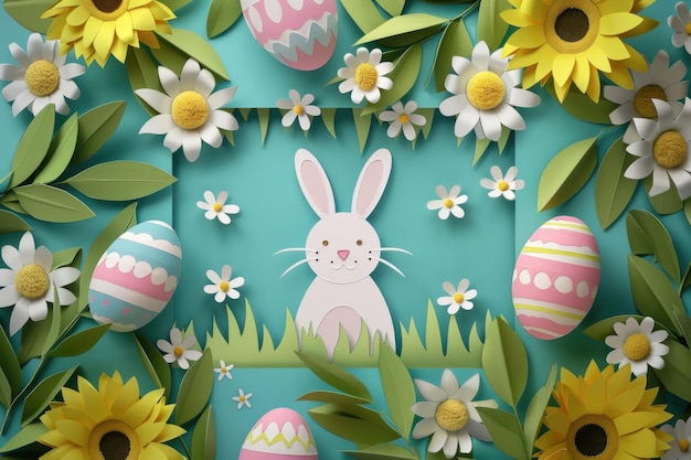 Пасхальный кролик с цветами и пасхальными яйцами на зеленом фоне