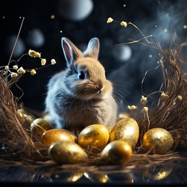 Easter bunny with golden eggs in nest on dark background Happy Easter