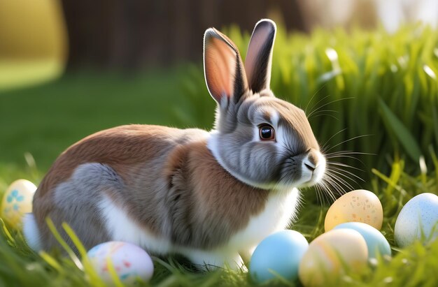 Easter bunny with multicolored colored eggs on the grass