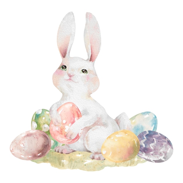 easter bunny with painted eggs on green lawn hand drawn watercolor isolated illustration for designs