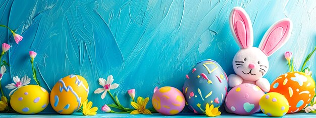 Easter bunny with painted eggs and spring flowers copy space