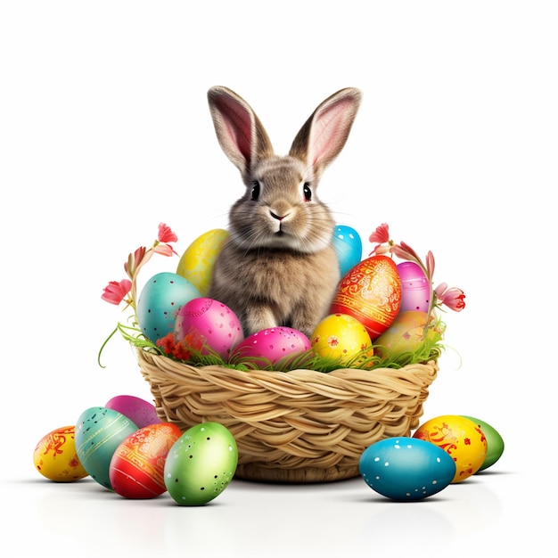 Easter Bunny With A Painted Eggs on white background