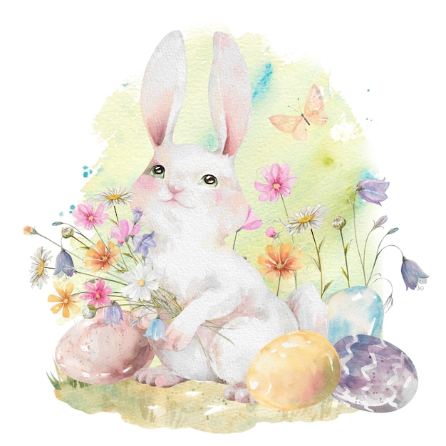easter bunny with painted eggs and wildflowers on green lawn watercolor illustration for designs