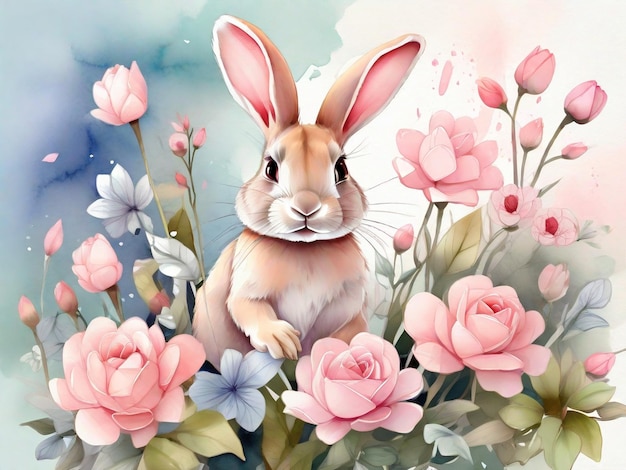 easter bunny with pink flowers HD 8K wallpaper Stock Photographic Image