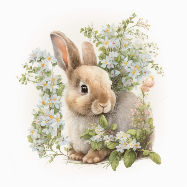 Easter bunny with spring flowers Created with Generative AI technology