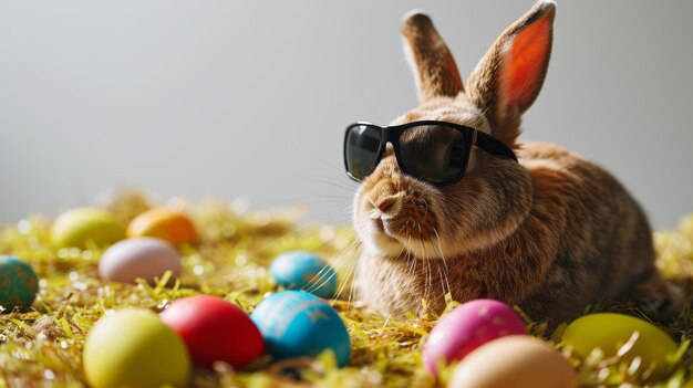 Пасхальный кролик с солнцезащитными очками и цветными яйцами