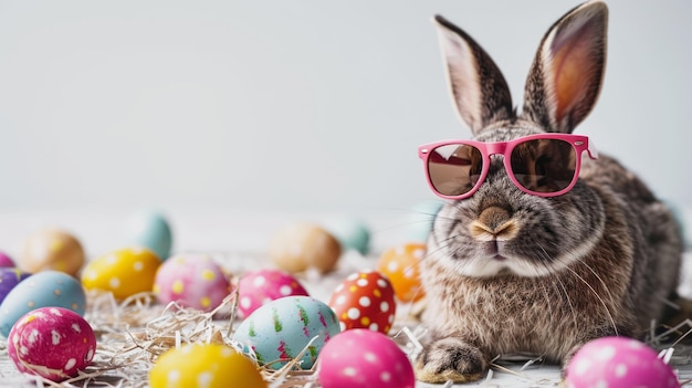 Easter Bunny with Sunglasses and Colored Eggs