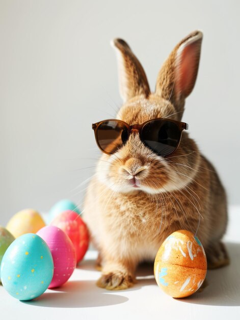 Easter Bunny with Sunglasses and Colored Eggs