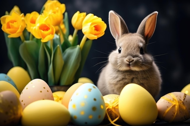 Пасхальный кролик с тюльпанами и окрашенными яйцами на темном фоне.