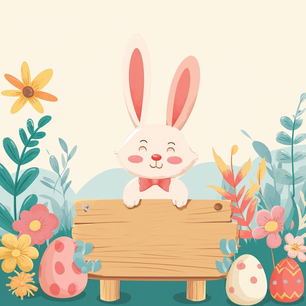 Easter bunny with wood sign illustration pastel colors