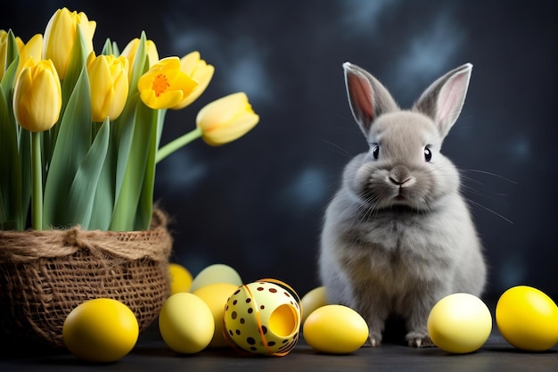 Easter Bunny with Yellow Tulips and Painted Flowers Generative AI