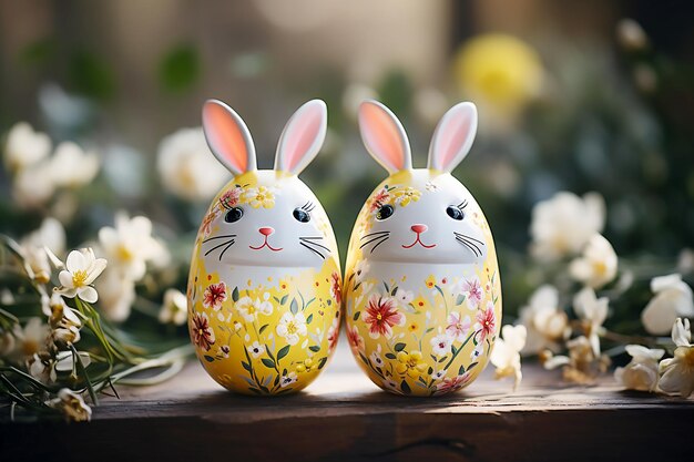 Photo easter bunnys in the shape of a painted eggs on background of yellow flowers