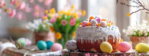 Easter cake and bright eggs on a festive Easter table Generative AI