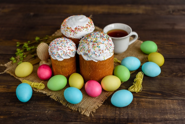 Easter cake on a brown wooden table.