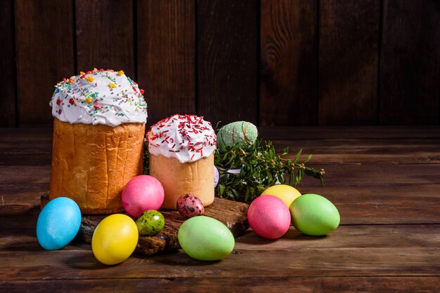 Easter cake and colorful decorative eggs