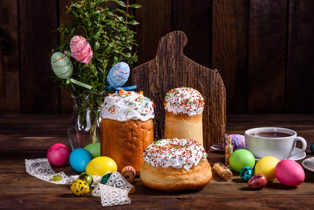 Easter cake and colorful decorative eggs