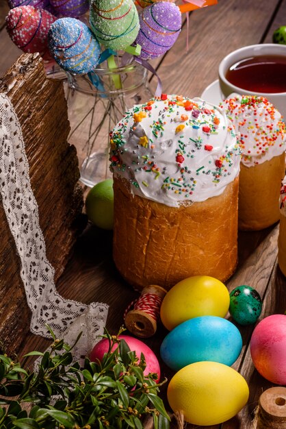 Easter cake and colorful decorative eggs