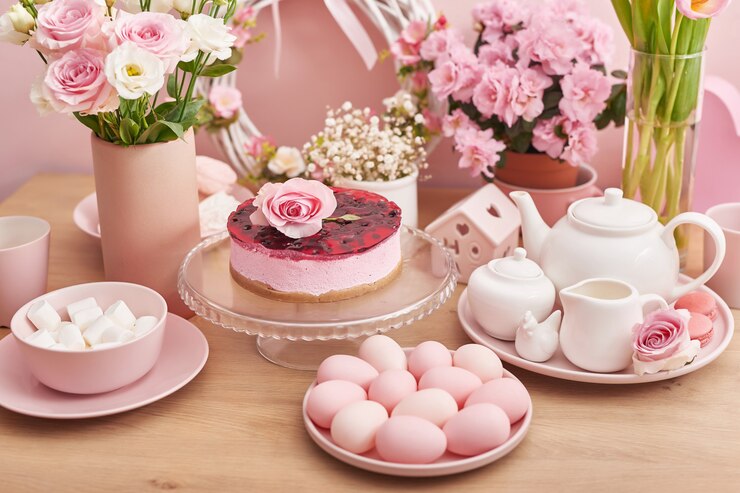 Easter cake and colorful eggs on festive table.