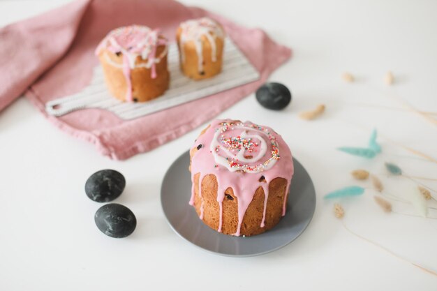 Easter cake colorful eggs and willow branches Happy Easter holiday concept festive spring season