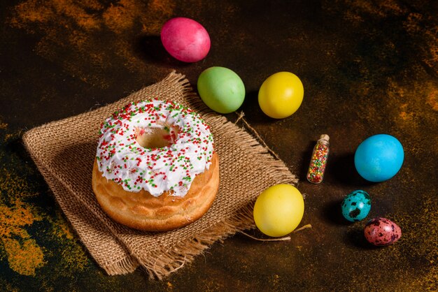 Easter cake and colorful eggs