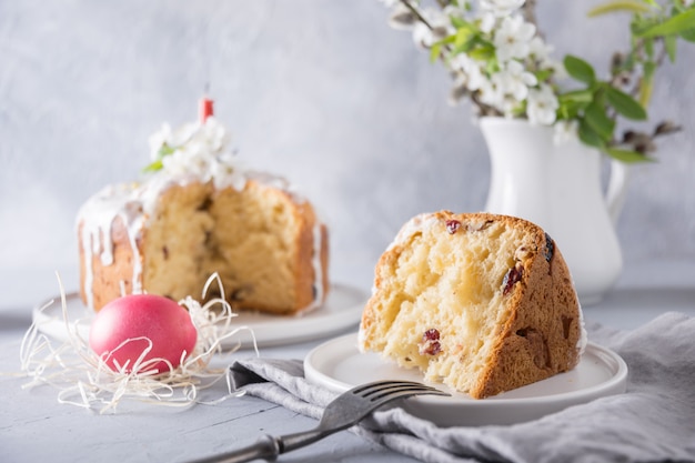 Easter cake and colorful red eggs. Holidays traditional breakfast.