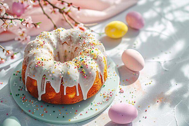 Easter cake covered with white glaze on a light surface AI generated