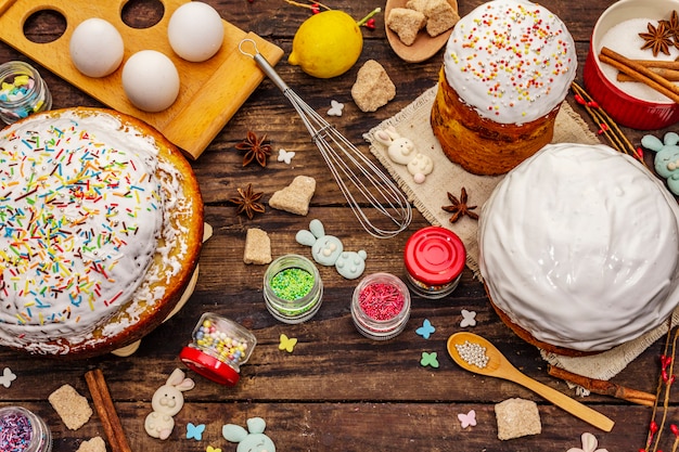 Easter cake decoration. Icing-sugar, topping, edible beads