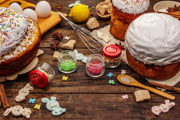 Easter cake decoration. Icing-sugar, topping, edible beads