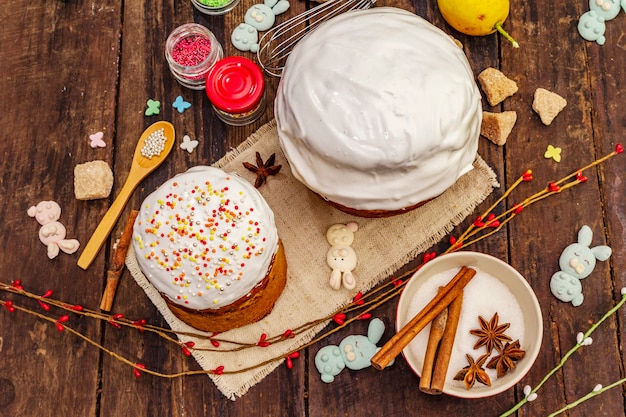 Easter cake decoration. Icing-sugar, topping, edible beads