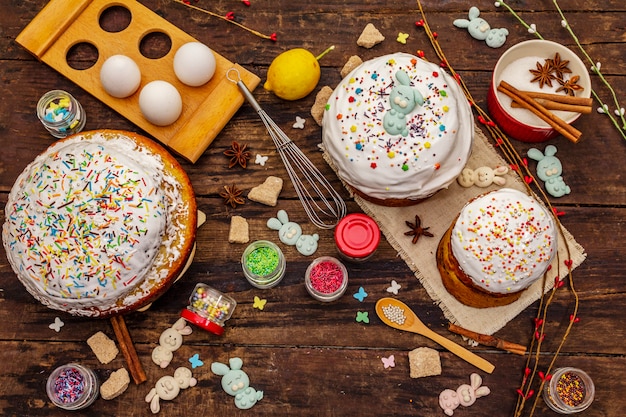 Easter cake decoration. Icing-sugar, topping, edible beads