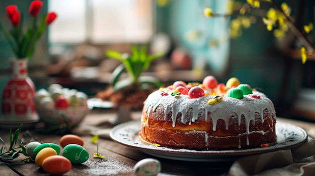 Foto torta di pasqua e uova sul tavolo focalizzazione selettiva