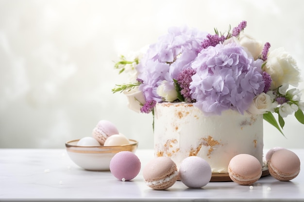 Easter cake and eggs on white background with bouquet of flowers Happy Easter