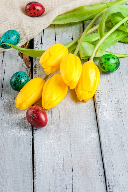 Easter cake and eggs with tulips