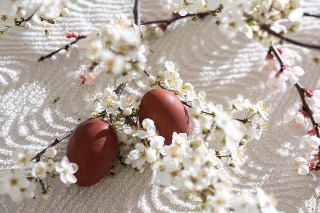 Easter cake and painted eggs blooming branch.