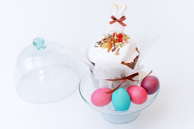 Easter cake and painted eggs. Easter composition with orthodox sweet bread