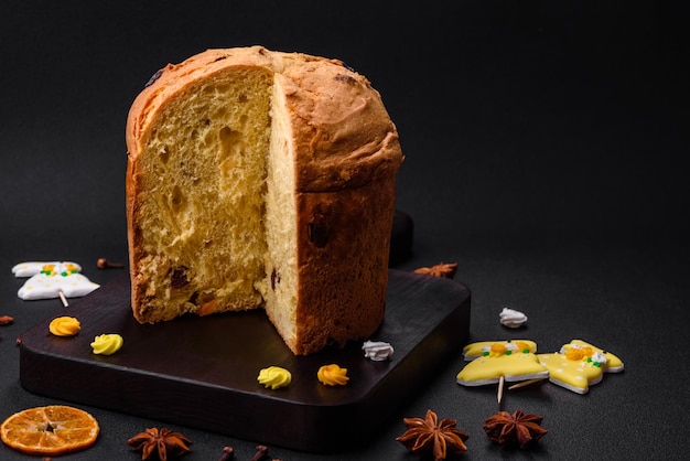 Easter cake or panettone with raisins and candied fruits