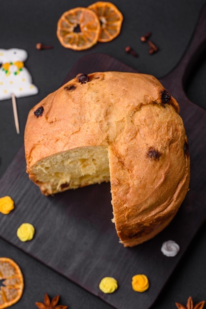 Easter cake or panettone with raisins and candied fruits