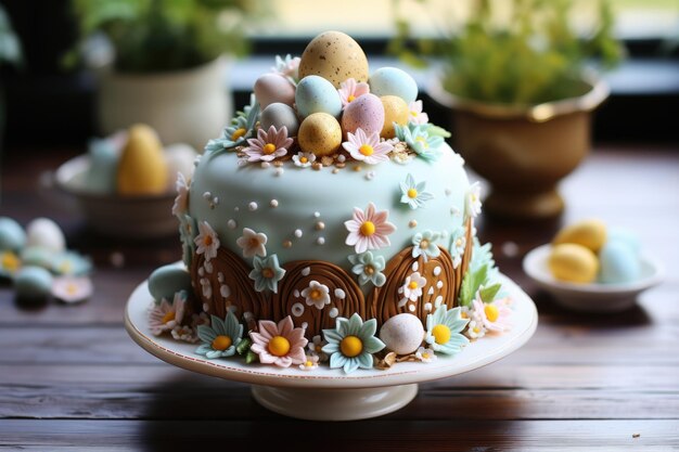 Easter cake in rustic kitchen ai generated