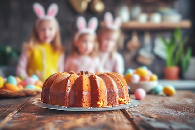 Easter cake and three little girls in the kitchen Selective focus