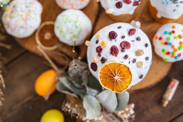 easter cake white icing and colored decorations sweet bread homemade baking dessert celebratory