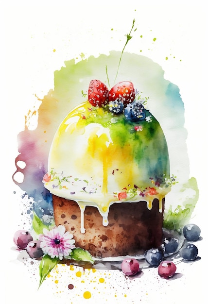 Easter cake with berries and eggs. Easter postcard. Easter card with Easter cake watercolor