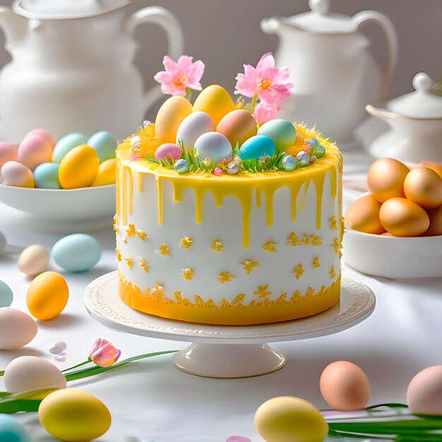 Пасхальный торт с цветными яйцами на круглой тарелке