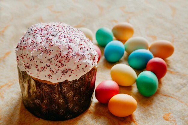 Easter cake with colorful painted eggs for Easter