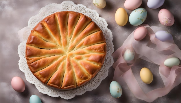 easter cake with cute colorful eggs top view copy space