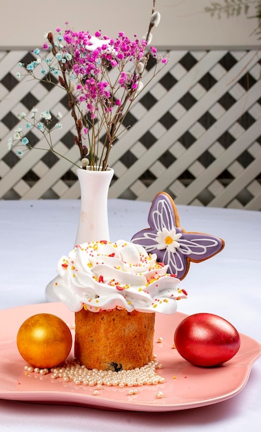 Easter cake with decorative elements figurines and toppings